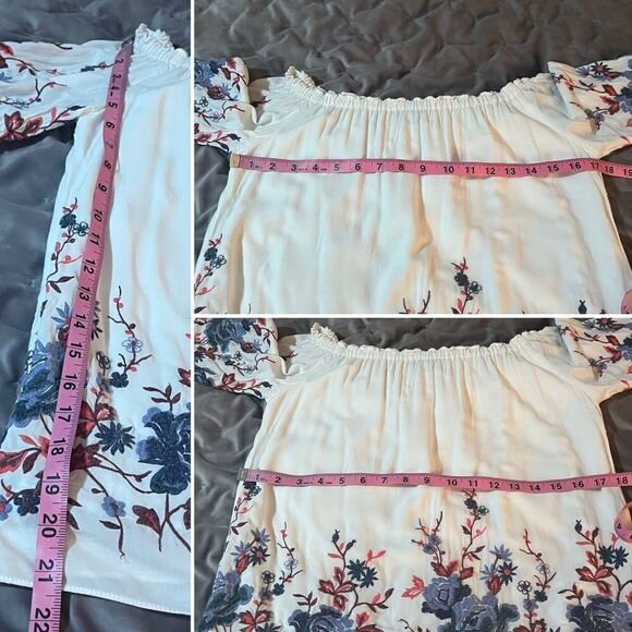 Drew Off the Shoulder Floral Pink and Blue Embroidered Top Ivory White S - Picture 13 of 13